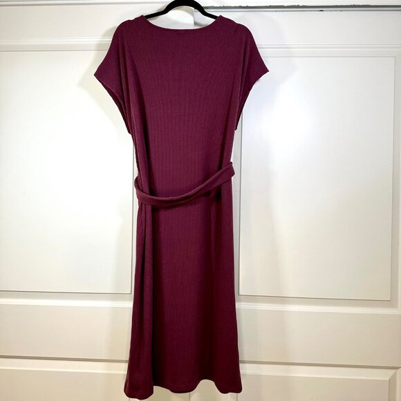 Burgundy Ribbed Knit V-Neck Short Sleeves Tie Waist Midi Dress XL - Picture 2 of 11